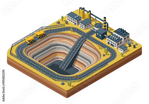 Isometric view of a large open-pit mine with heavy machinery and industrial buildings under a clear sky