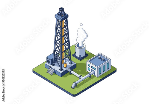 Isometric oil rig and processing plant with steam rising, representing the oil and gas industry