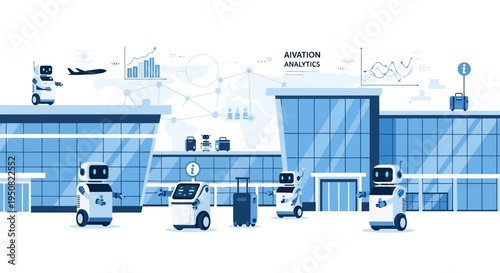 Robots and AI enhancing airport operations with data analytics and automated services for efficient travel experiences.