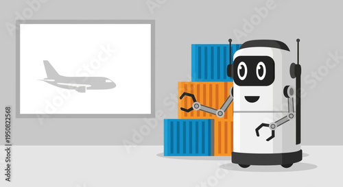 A friendly robot stands next to shipping containers, with an airplane displayed on a screen in the background, symbolizing logistics and automation in air cargo.