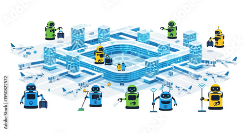 Robots and futuristic airport infrastructure with airplanes and modern buildings.