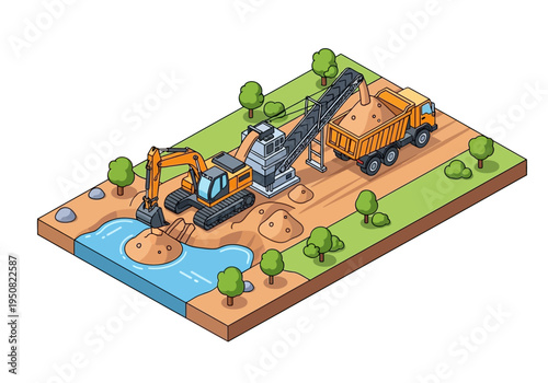 Construction site with excavator, conveyor belt, and dump truck, illustrating heavy machinery in action during a land development project