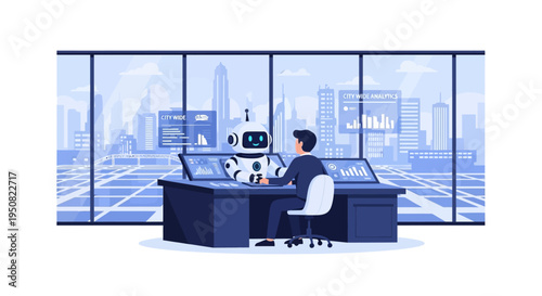 A man and a robot collaborate in a modern office with a city skyline view, analyzing data on futuristic screens.