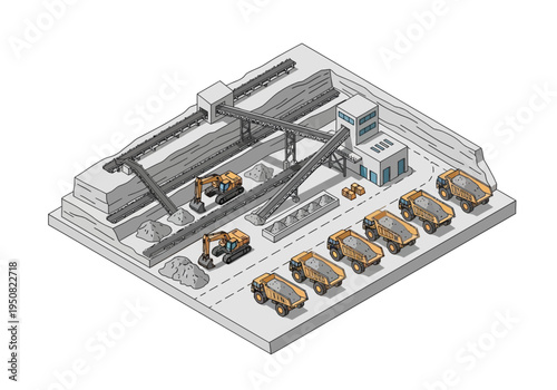 Construction site with excavators and dump trucks, industrial development and infrastructure project illustration