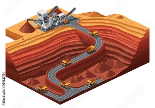Mining operations and logistics Trucks transporting materials from a large open-pit mine with processing facilities