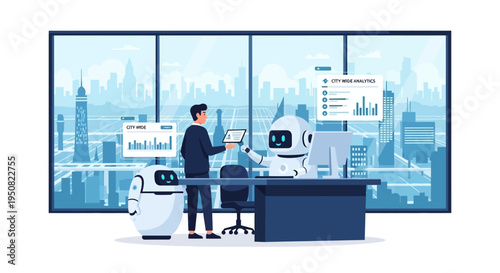A man interacts with a friendly robot assistant in a modern office with a city skyline view, showcasing AI and business analytics.