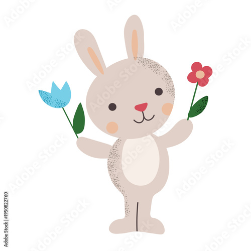 Cute Easter bunny holding colorful spring flowers. Vector cartoon illustration of a happy rabbit with blue and red blossoms, isolated on white background. Spring holiday concept for greeting cards, nu