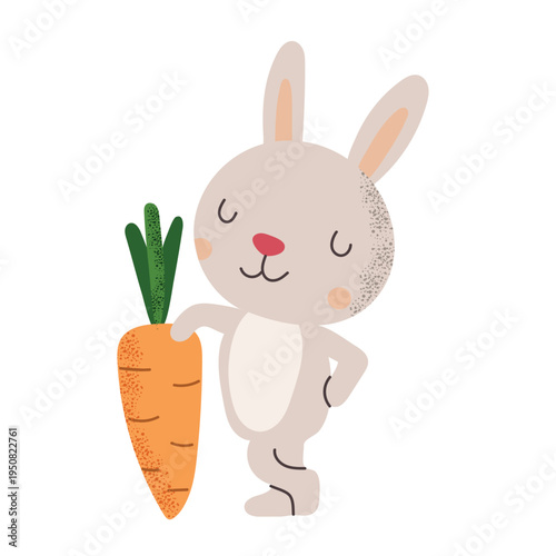 Cute cartoon Easter bunny holding a large orange carrot in a flat hand-drawn style, isolated on white background. Friendly grey rabbit character with a pink nose, rosy cheeks, and textured details. Si