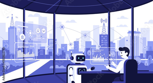 A futuristic office with a robot assistant and holographic displays showing data analytics in a modern city skyline.