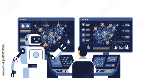 A friendly robot assists a human operator in a futuristic control room, analyzing complex data on large screens.