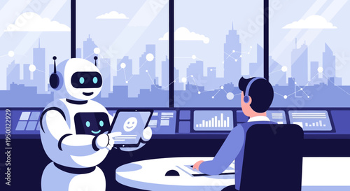 A friendly robot assists a businessman in a modern office with a city skyline view.