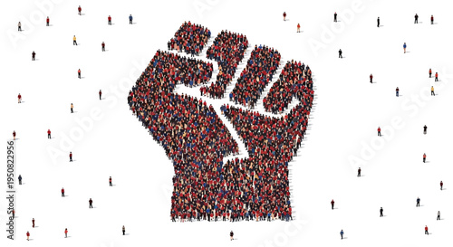 Vector illustration of raised fist made of tiny people, protest symbol