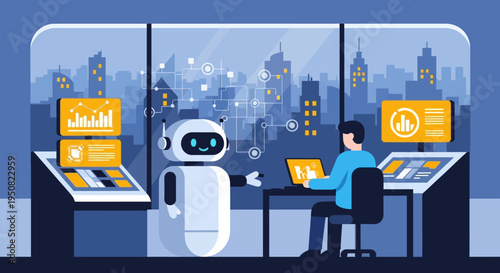 A friendly robot assists a person working on a laptop in a modern office with a city skyline view, showcasing technological collaboration and data visualization.