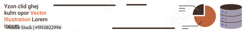 Data analytics, statistics, business intelligence, database management, financial reporting, infographics. Includes pie chart, database icons and horizontal text elements. Data analytics