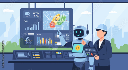 A robot and a person in a control room analyzing data on a large screen displaying a map and charts.
