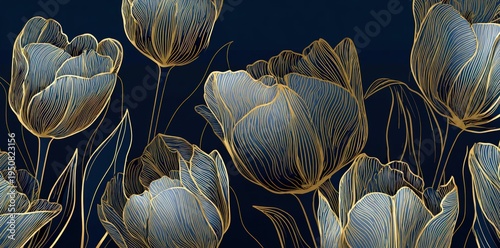 Elegant gold-lined blue tulips on dark blue