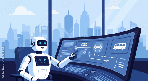 A friendly robot is pointing at a futuristic dashboard displaying a bus route map with two buses.
