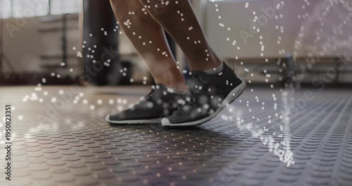 Man lifting feet, skipping on rubber gym floor, overlay tracing foot arcs, improving cadence