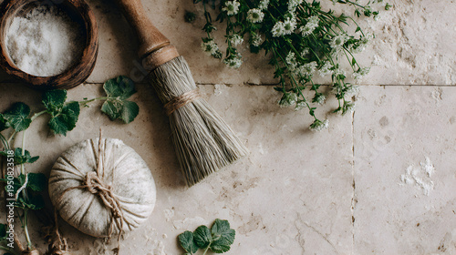 Natural Spa Still Life with Herbal Compress and Flowers.