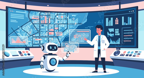 A scientist and a robot collaborate in a futuristic control room, analyzing complex data on a large, interactive screen displaying a city map and charts.
