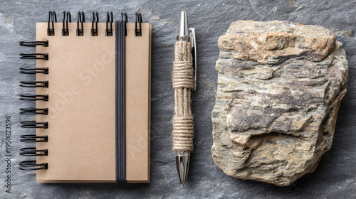 Notebook pen and rock A study in textures and tones.