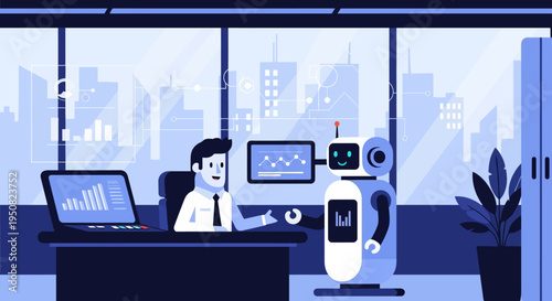 A businessman in an office collaborates with a modern robot displaying data on screens, symbolizing technological advancement in the workplace.