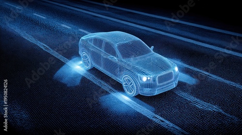 Digital car model with glowing headlights driving on futuristic road, technology concept of autonomous vehicle, innovation in transportation and smart mobility system.