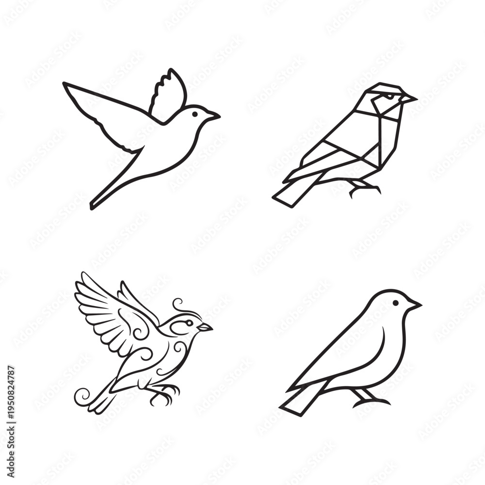Fototapeta premium Four different bird line drawings on white background