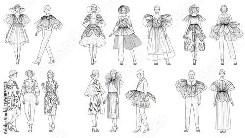 Set of Artistic Spring Outfit People for Architectural Drawings, Line Style Human Scale Figures, Designer Entourage Elements Isolated on White Background