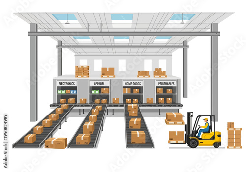 Modern warehouse logistics with conveyor belts and forklift in a clean, well-lit industrial interior