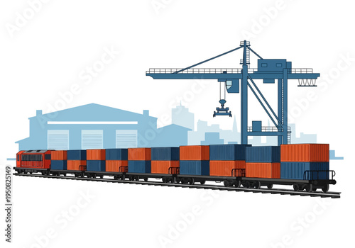 Cargo train with shipping containers and industrial crane in port loading and unloading operations