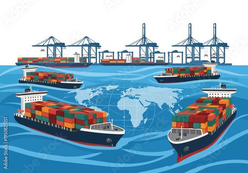 Global trade and shipping Cargo ships and container cranes in the ocean with world map