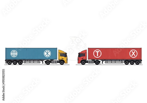 Two shipping container trucks, one blue and one red, isolated on white background