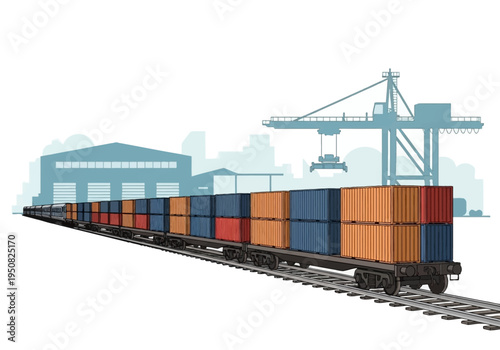 A long freight train carrying shipping containers travels along railway tracks toward a city skyline with cranes and industrial buildings