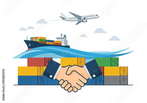 Global Logistics Partnership Shipping Containers, Cargo Ship, Airplane, and Handshake Symbolizing International Trade