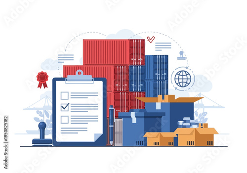 Shipping and logistics services with container cargo, shipping boxes, and checklist document