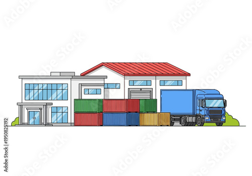 Logistics warehouse with shipping containers and a delivery truck ready for transport