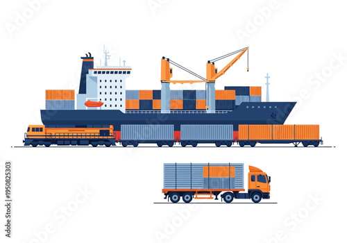 Global logistics and supply chain cargo transportation by ship, train, and truck