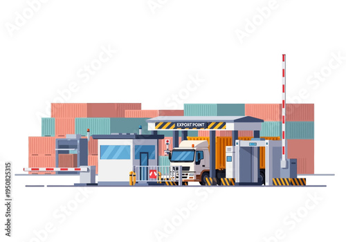 Container Truck passing through a checkpoint with security scanning equipment and barriers at a port terminal