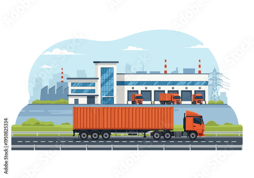 Industrial logistics and transportation with a large truck and factory