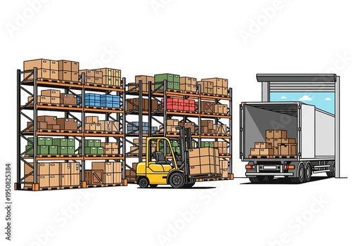 Loading goods into a truck with a forklift in a warehouse with stacked shelves full of boxes