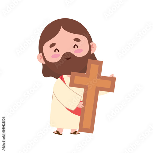 Cute Jesus Holding Cross Kawaii Style Illustration