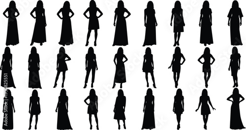Big collection of elegant woman silhouettes in different dresses and fashion poses isolated on white background for clothing style design
