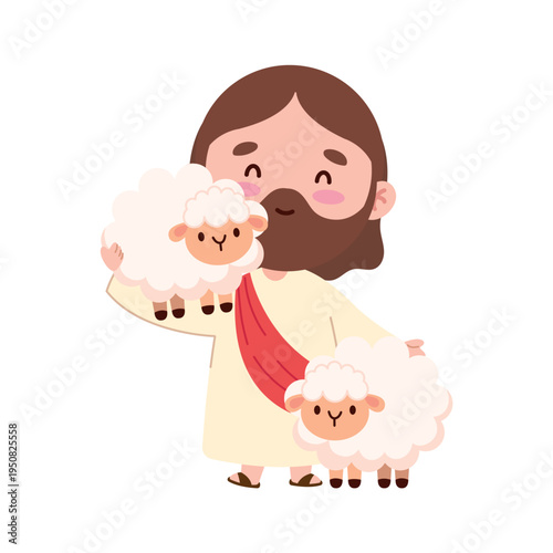 Cute Jesus Shepherd with Sheep Kawaii Illustration Set