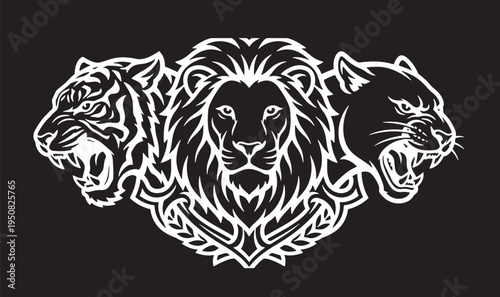 Lion Tiger and Panther Wild Cat Trio Crest, Predatory Animal Mascot Vector Line Art Design