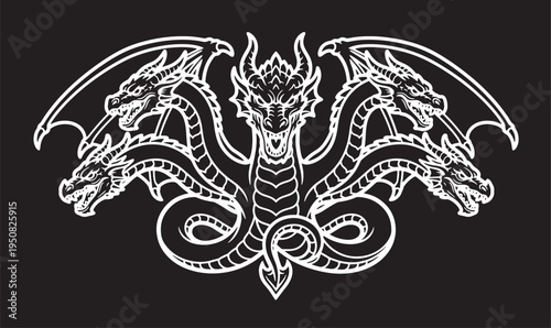 Five Headed Hydra Dragon Vector Illustration, Mythical Creature Line Art Mascot on Black