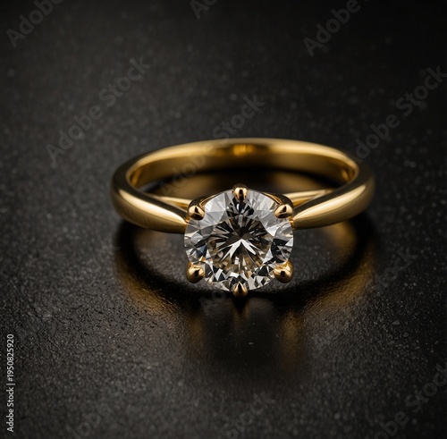 Round cut diamond gemstone on gold ring on plain black background
