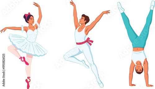 Collection of professional ballet dancers and male acrobat performing graceful moves isolated on white background for dance school and performance