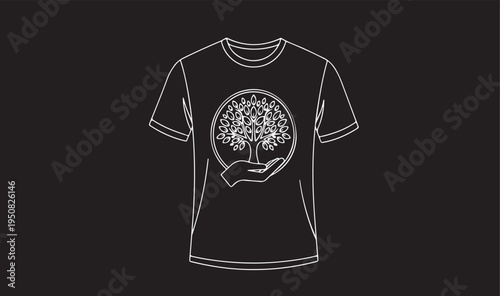 Eco Friendly T-Shirt Mockup, Tree of Life in Hand Logo, Nature Conservation Vector Design