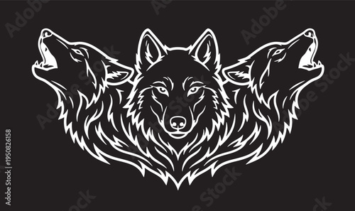 Three Headed Wolf Mascot Vector, Mythical Triple Head Cerberus Howling, Black White Logo